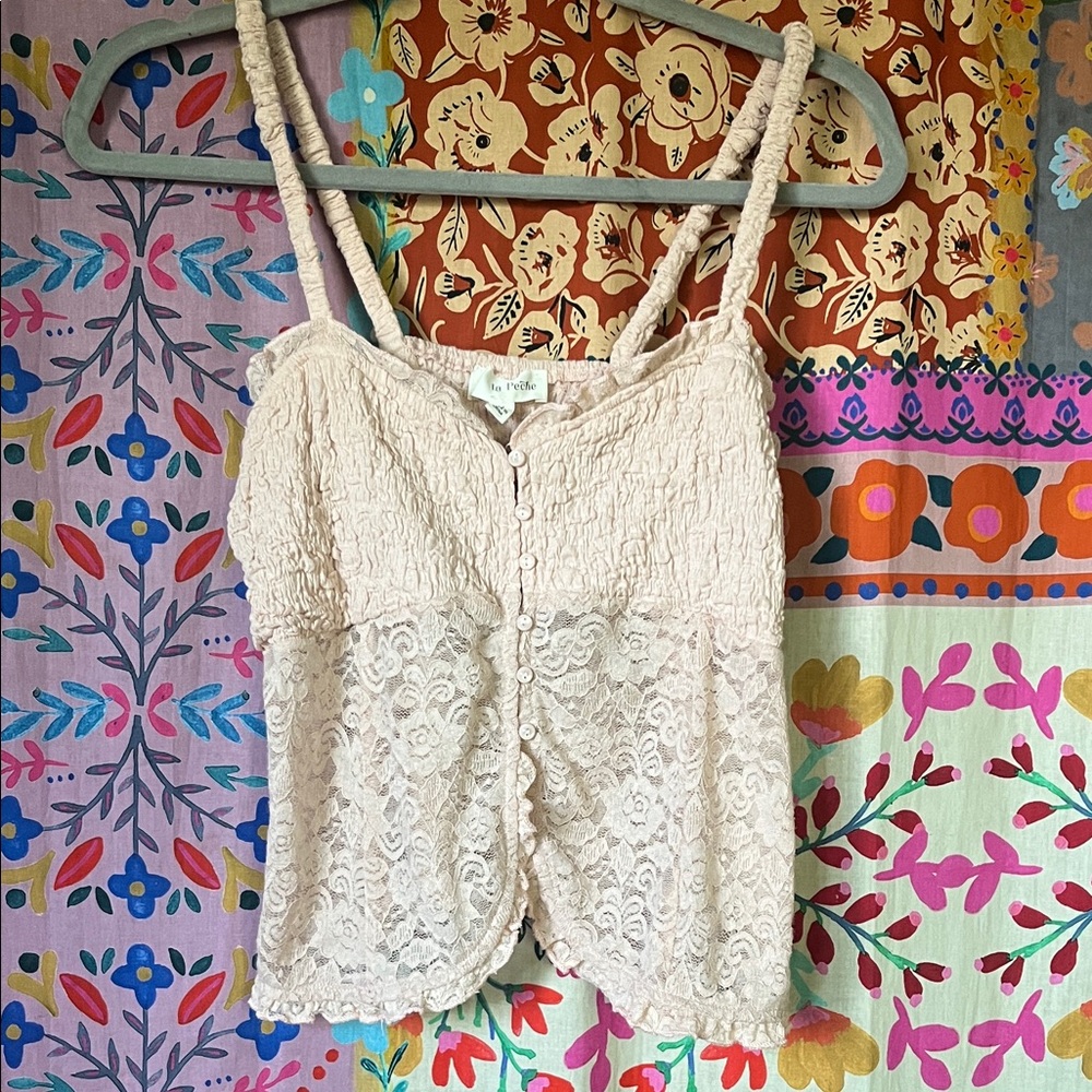 LA PECHE Pink Lace Camisole With Button Front Size Juniors Medium